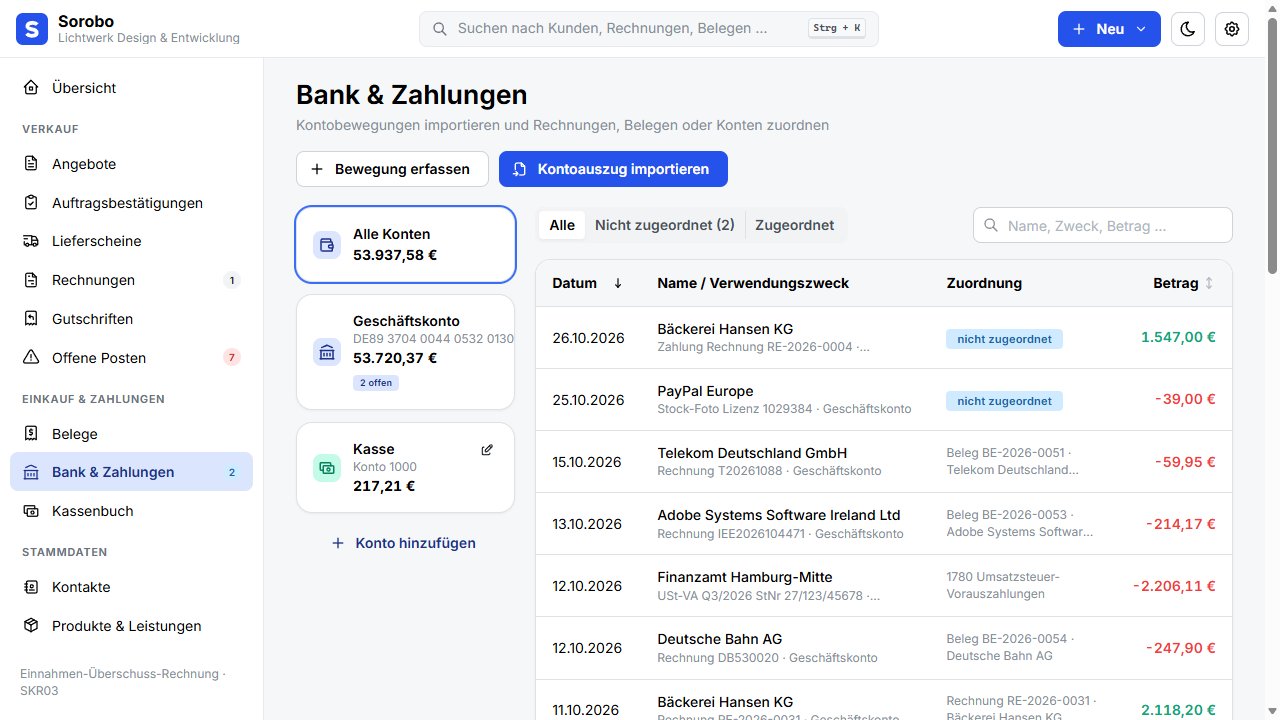 Bank & Zahlungen in Sorobo mit dem Demo-Unternehmen Lichtwerk Design & Entwicklung