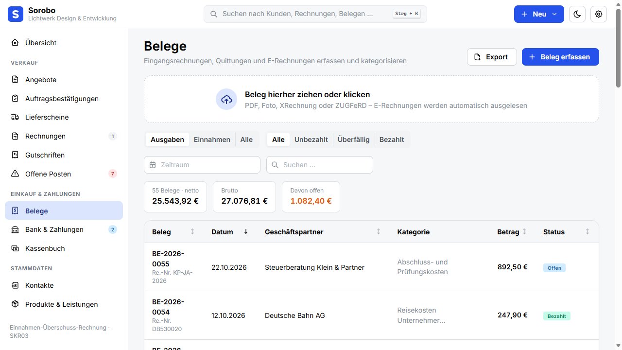 Belegübersicht mit Lieferanten, Kategorien und Zahlungsstatus in Sorobo mit dem Demo-Unternehmen Lichtwerk Design & Entwicklung