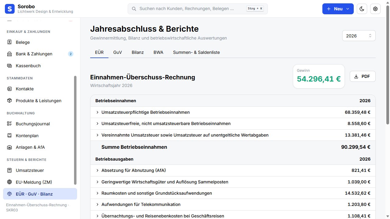 Berichte mit Einnahmen-Überschuss-Rechnung in Sorobo mit dem Demo-Unternehmen Lichtwerk Design & Entwicklung