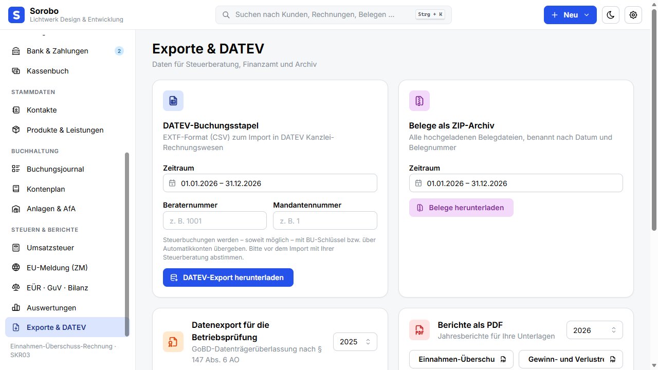 Exportbereich für DATEV-Buchungsstapel und Belegdateien in Sorobo mit dem Demo-Unternehmen Lichtwerk Design & Entwicklung