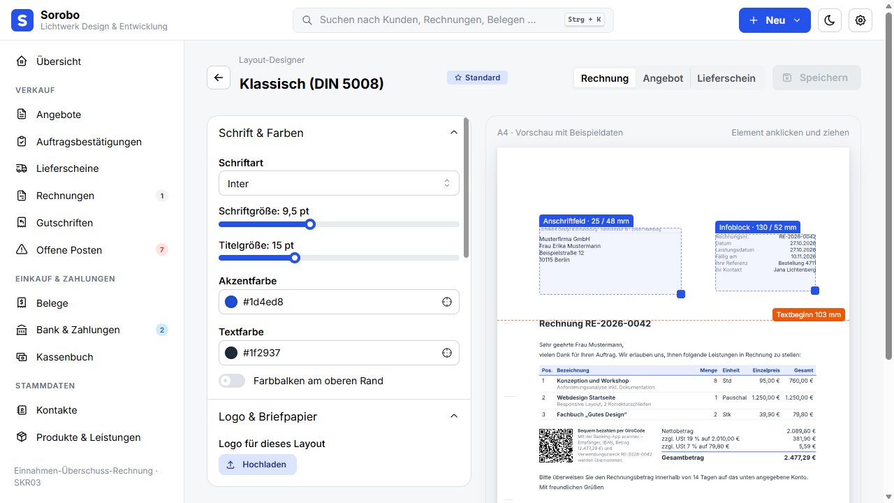 Dokumentlayouts in den Sorobo-Einstellungen in Sorobo mit dem Demo-Unternehmen Lichtwerk Design & Entwicklung