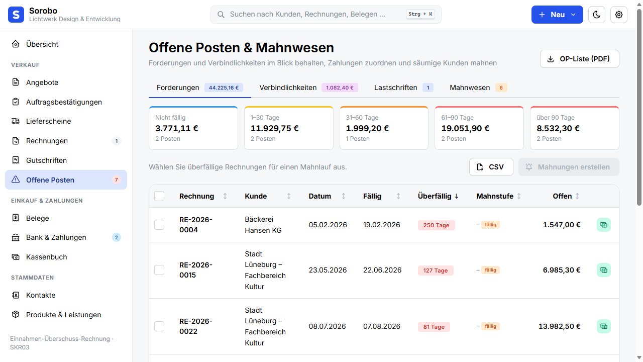 Offene Posten mit Altersstruktur und Mahnlauf in Sorobo mit dem Demo-Unternehmen Lichtwerk Design & Entwicklung