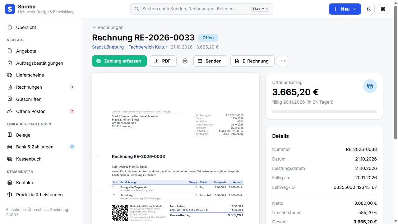 Rechnungsdetail mit PDF- und E-Rechnungsfunktionen in Sorobo mit dem Demo-Unternehmen Lichtwerk Design & Entwicklung
